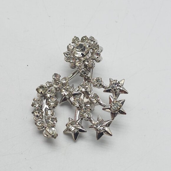 Vintage Clear Rhinestone Starburst Brooch Pin Silver Tone Wedding - Picture 2 of 4